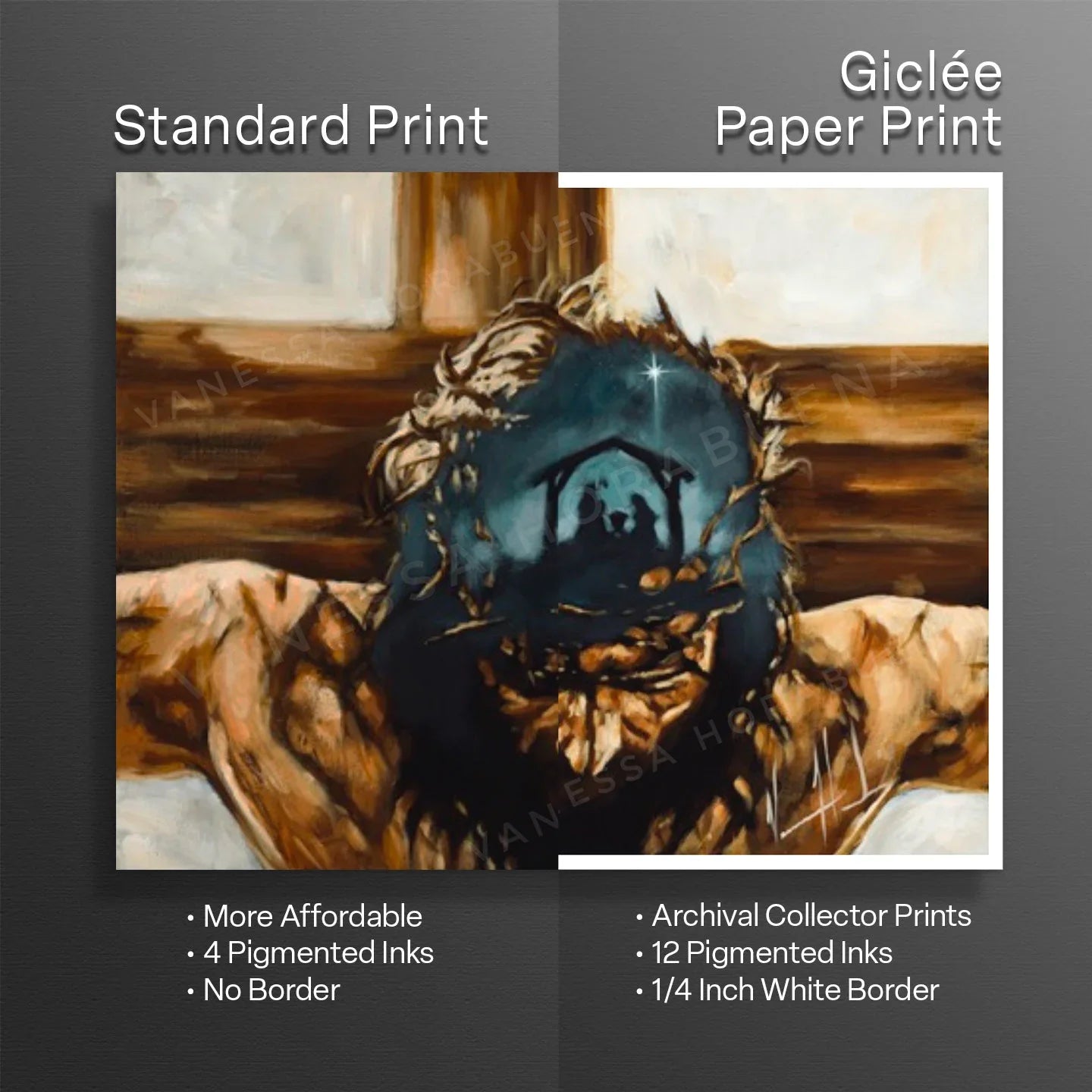 Comparison panel for standard print and giclée paper print with key specs and labels