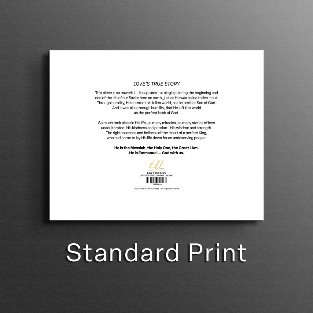 Back of art print with poem text and barcode label on white sheet