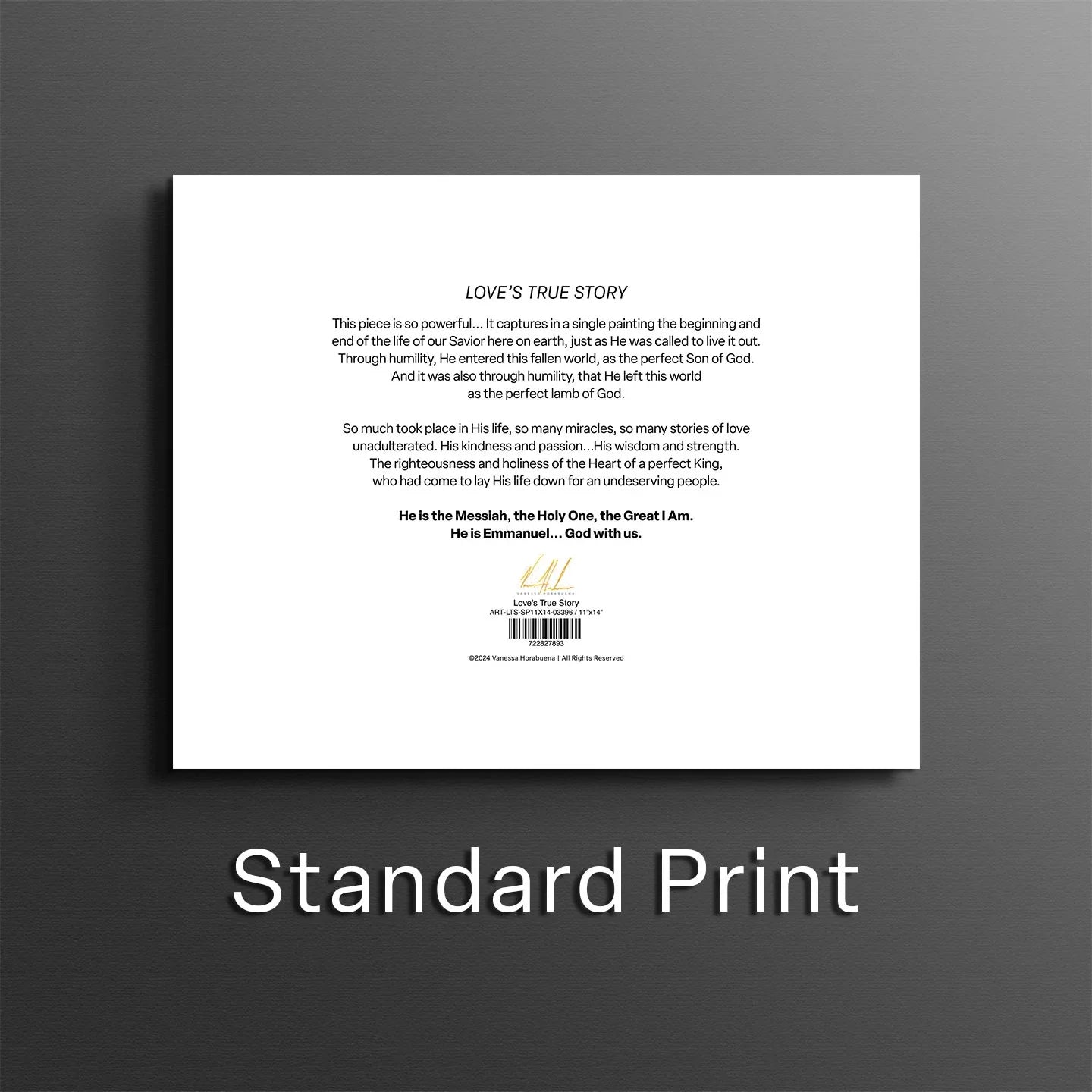 Back of art print with poem text and barcode label on white sheet