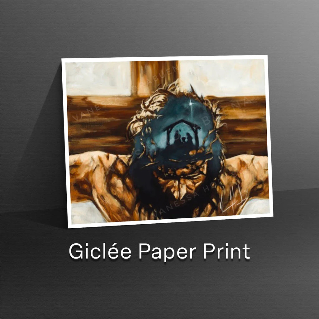 Framed giclée paper print of a blue-toned angel with brown robes and glowing light