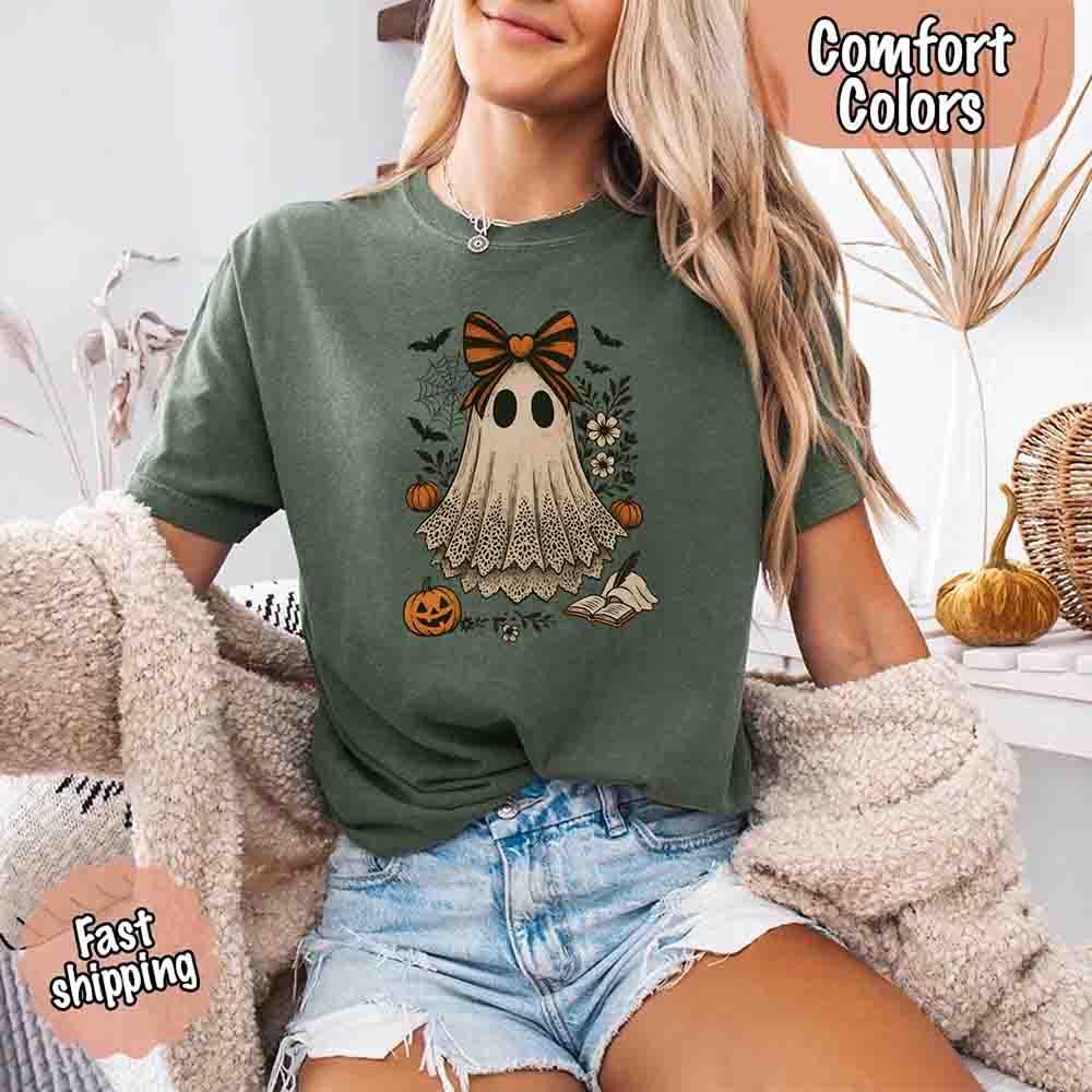 Women’s ghost Halloween T-shirt in moss green with lace ghost front graphic