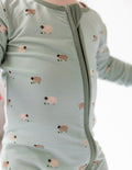 Sage green lamb-print convertible footed baby onesie with front zip