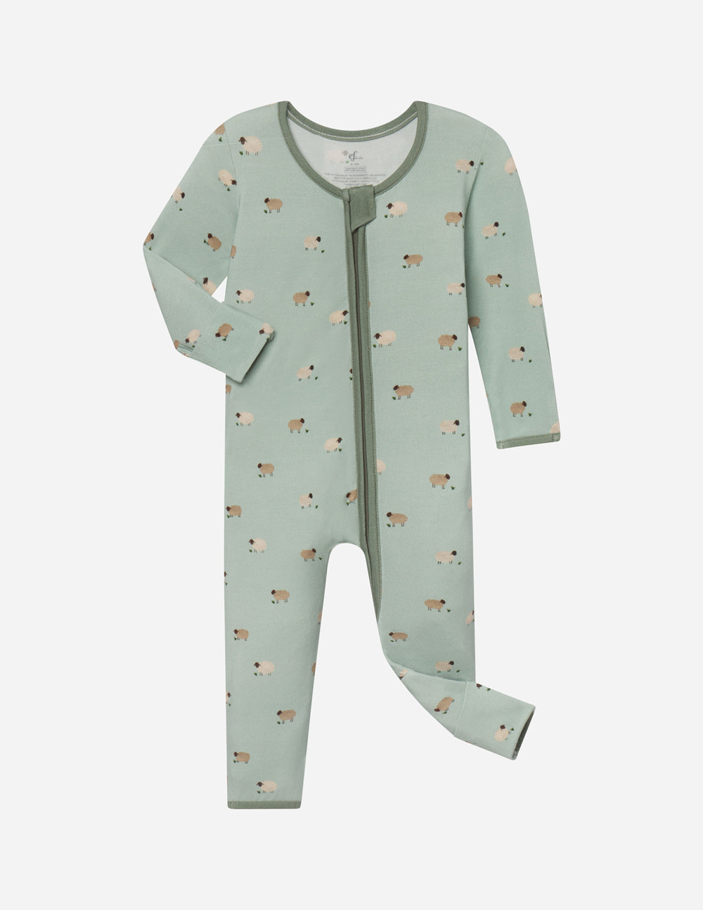 Sage green lamb-print convertible footed onesie with front zip, long sleeves