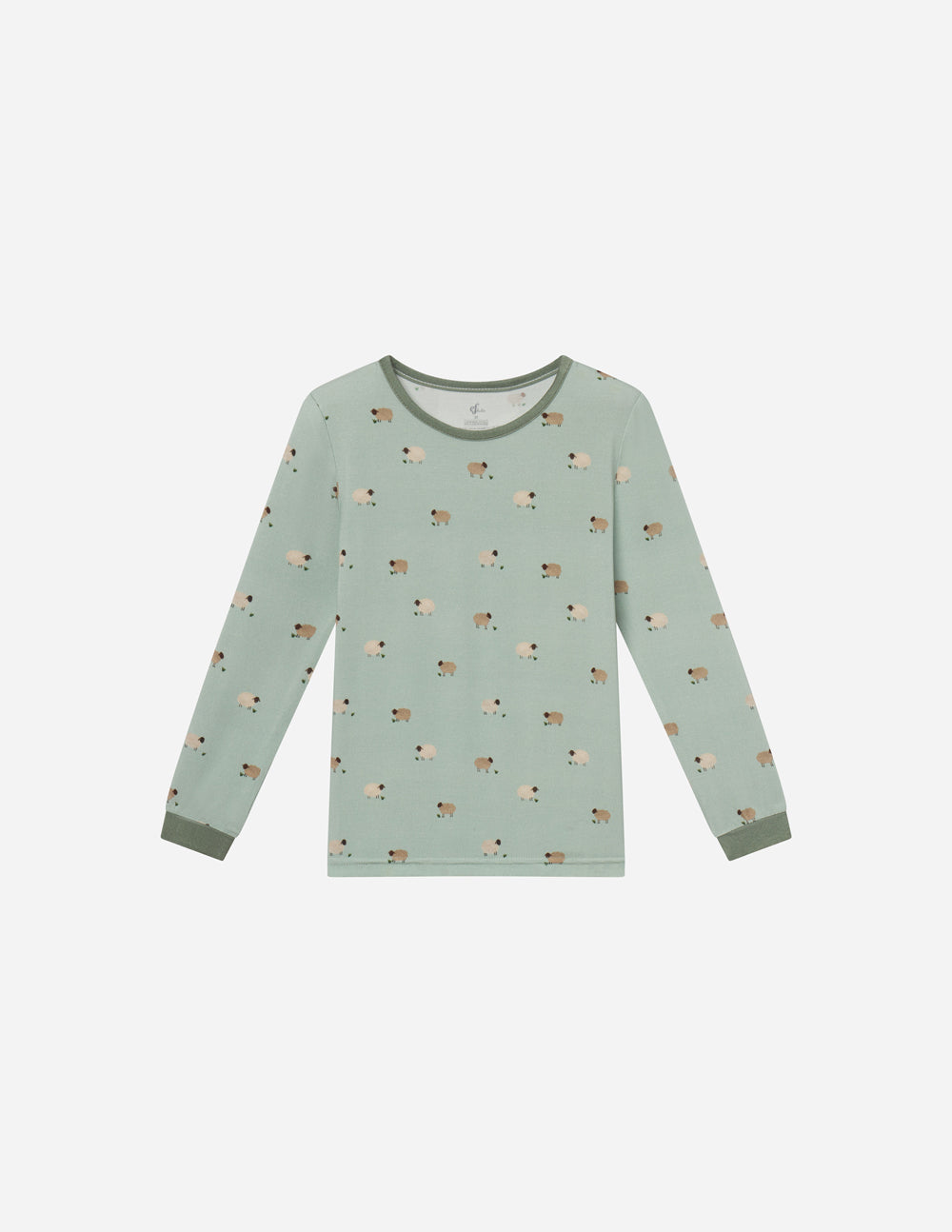 Kids long-sleeve pajama top in light sage with allover lamb print