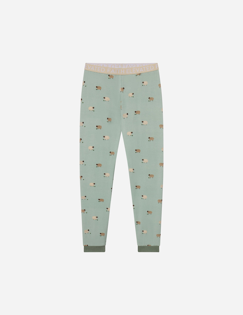Kids pajama pants in light sage with allover lamb print and elastic waistband