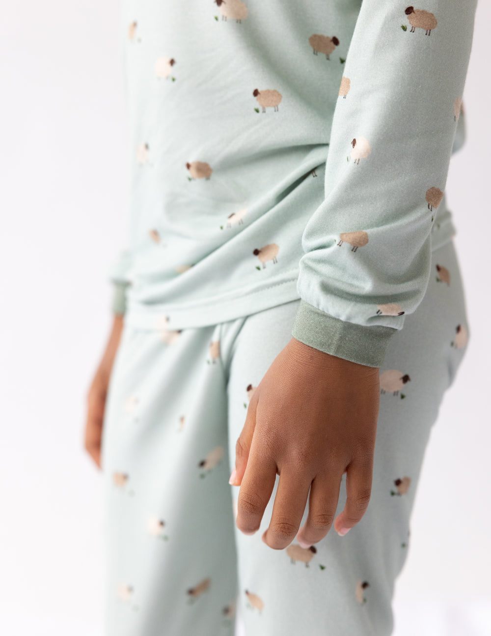 Kids pajama set sleeve and pants in light sage with small lamb print