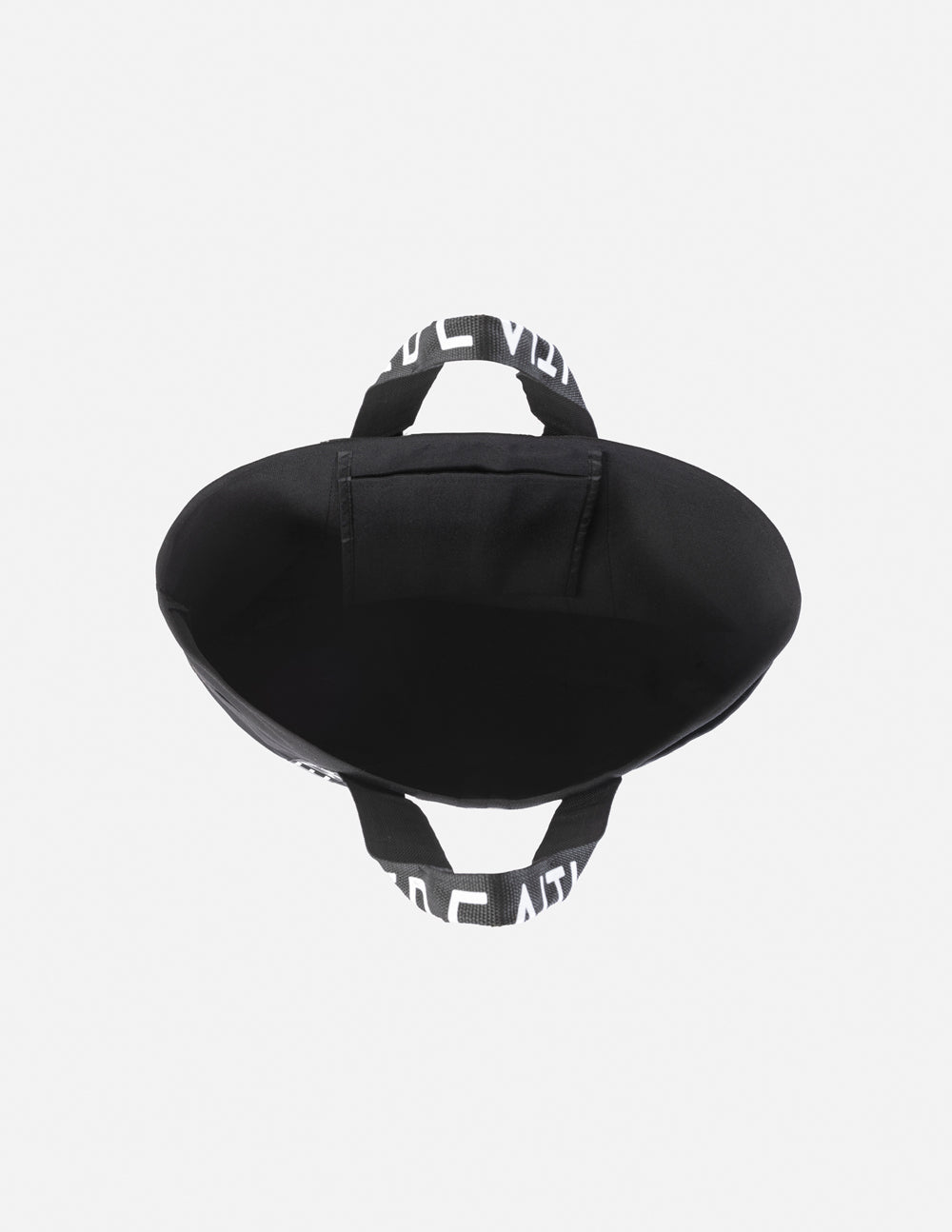 Black large tote bag top view with oval opening and interior fabric visible