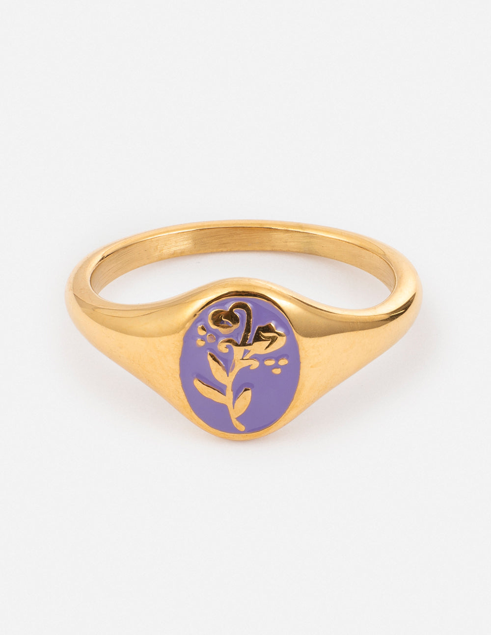 Gold signet ring with lavender flower enamel design