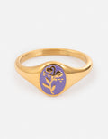 Gold signet ring with lavender flower enamel design