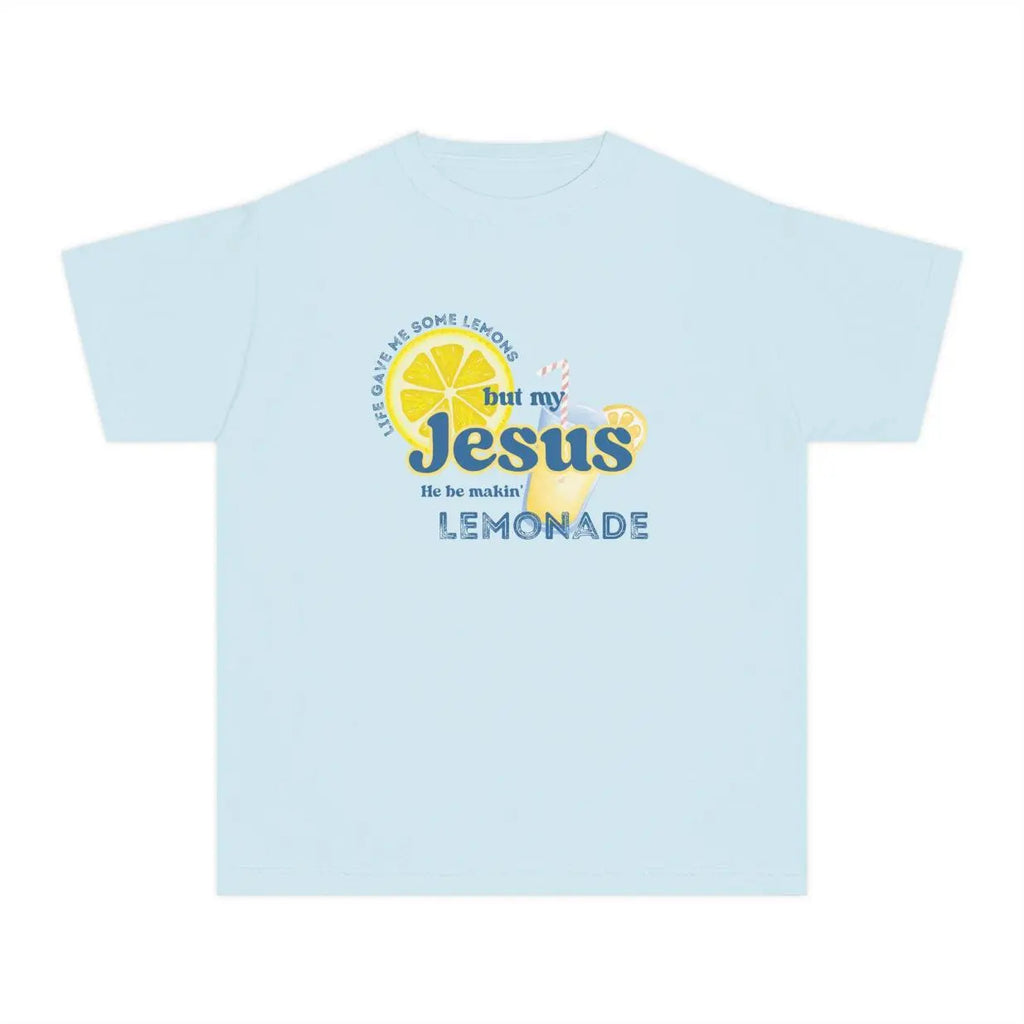 Light blue T-shirt with “but my Jesus Lemonade” front graphic and lemon cross
