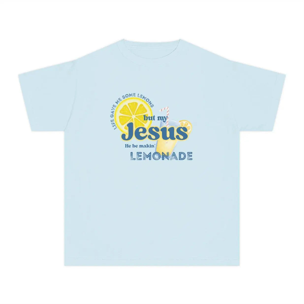 Light blue T-shirt with “but my Jesus Lemonade” front graphic and lemon cross