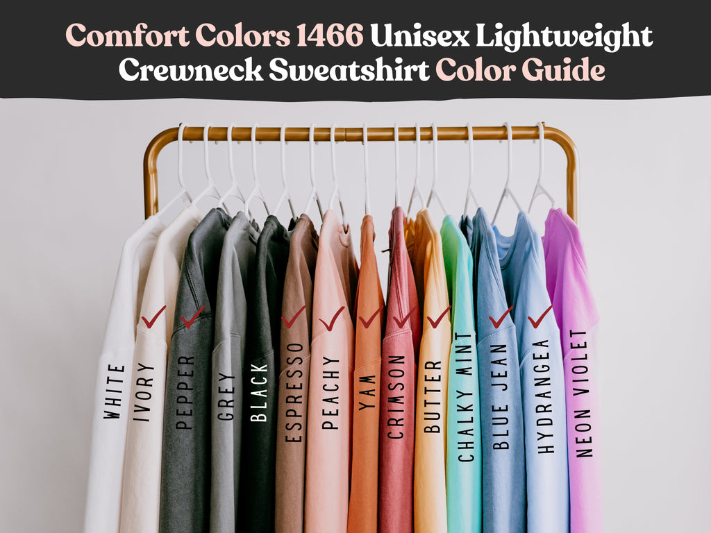 Unisex crewneck sweatshirt color guide with multiple dyed shades
