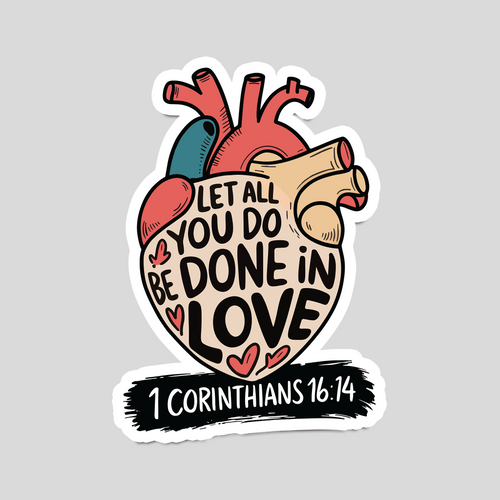 Christian Bible verse sticker with red hearts and '1 Corinthians 16:14' text