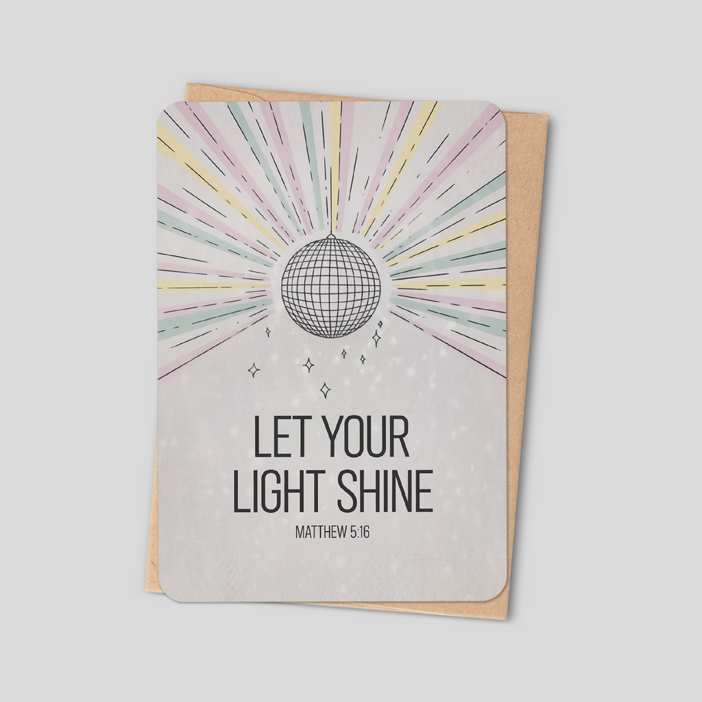 Christian greeting card with front text “Let Your Light Shine” and Matthew 5:16