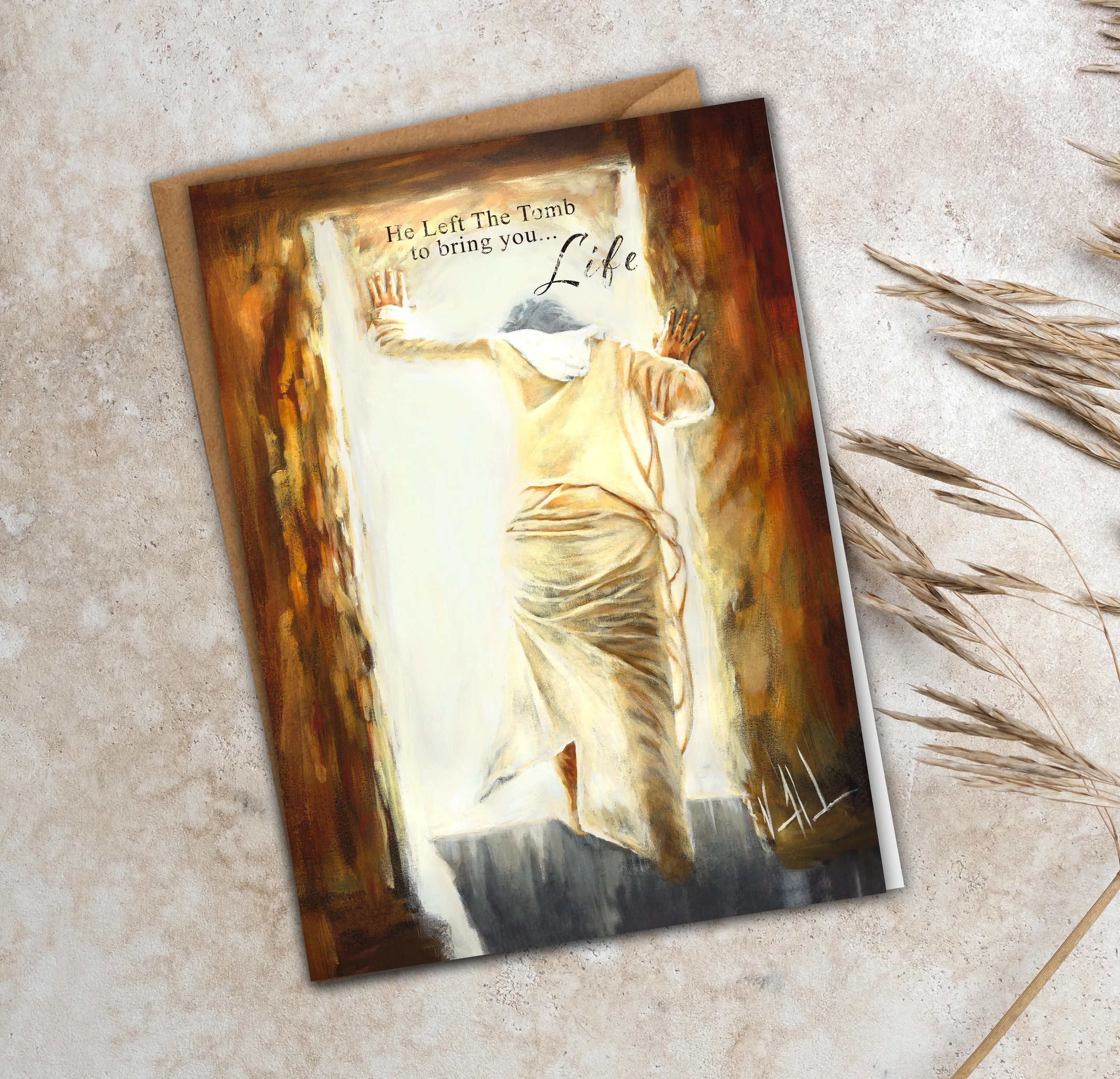 Easter greeting card with white angel figure, brown watercolor-style background, Life text