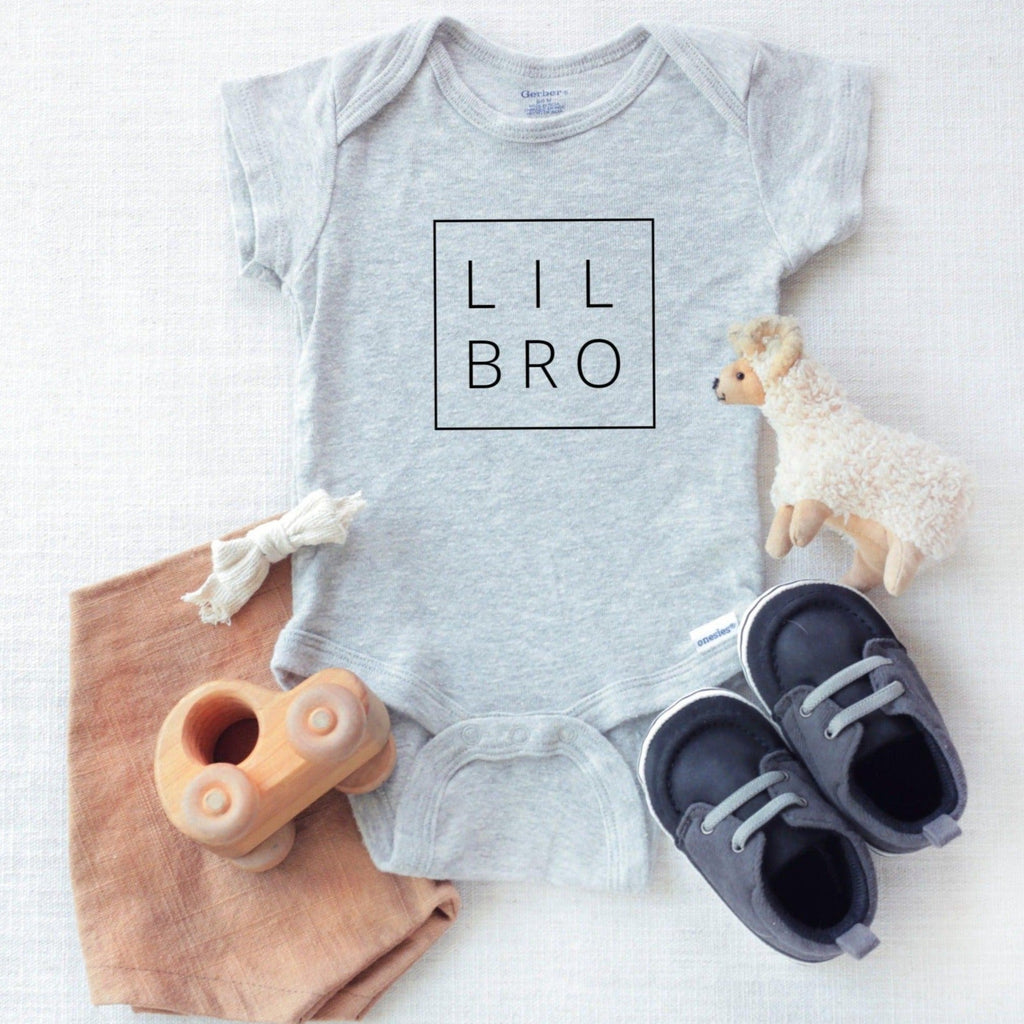 Light heather gray baby bodysuit with LIL BRO logo print at center