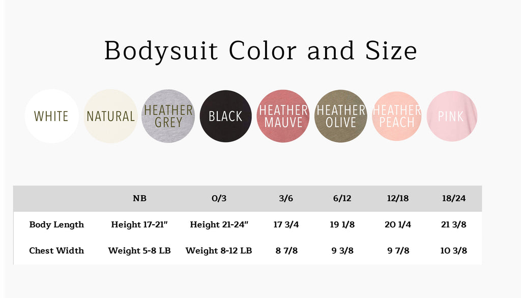 Bodysuit color and size chart with color circles and size measurements