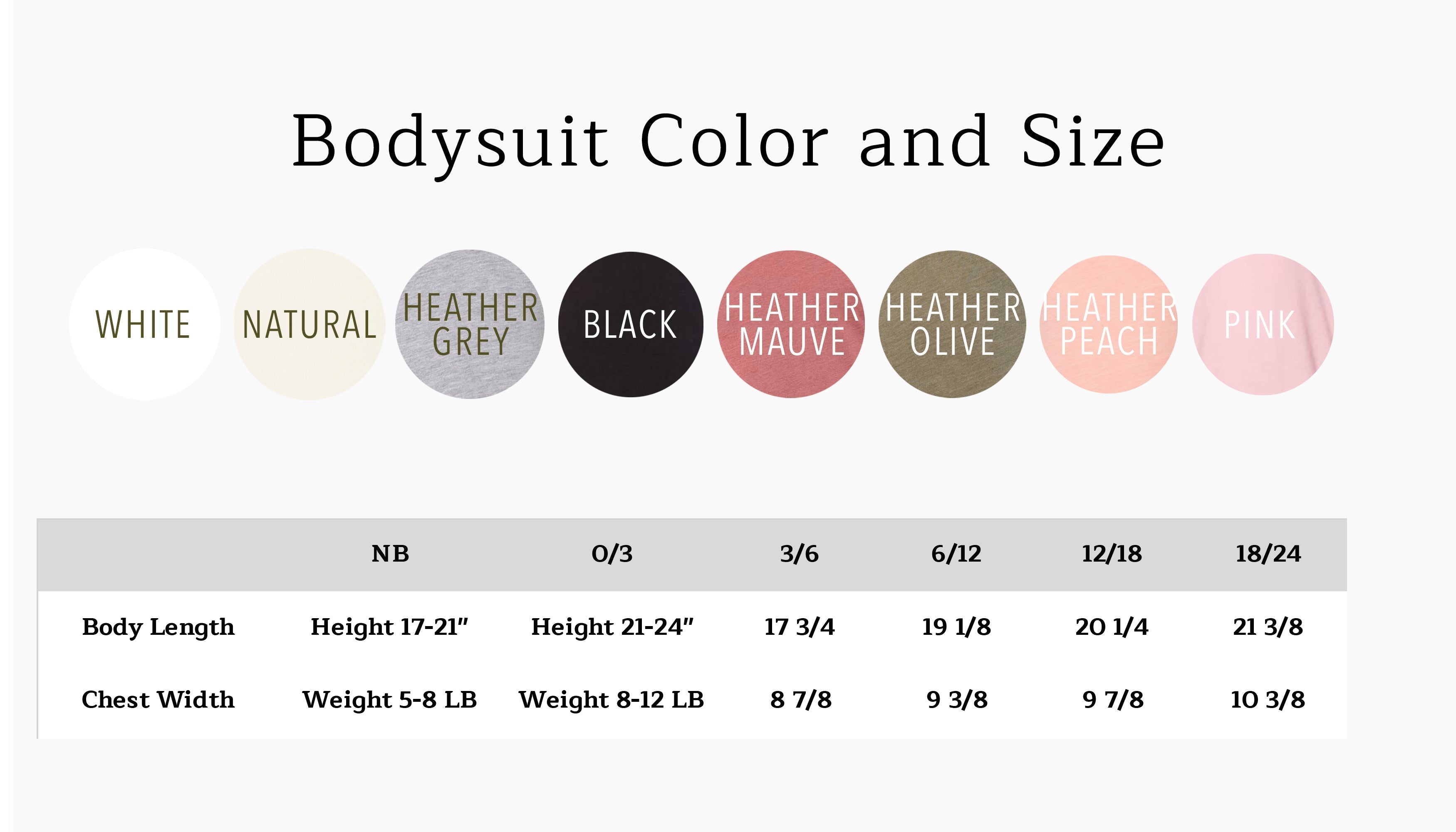 Bodysuit color and size chart with color circles and size measurements