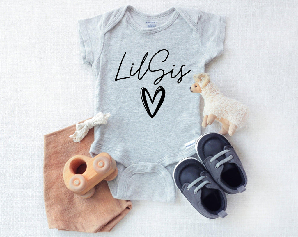 Heather gray baby onesie with black LilSIS cursive and heart icon, short sleeves