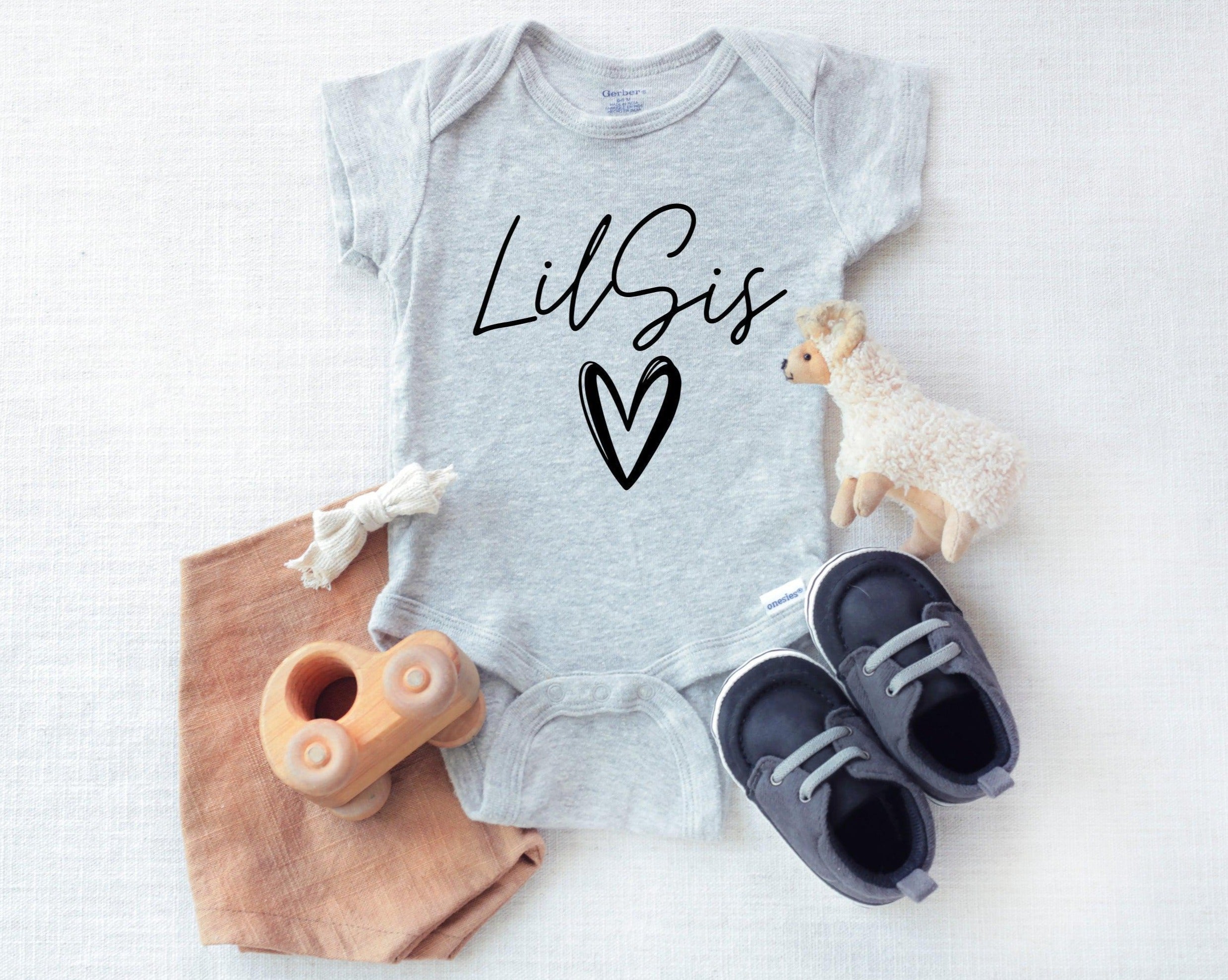 Heather gray baby onesie with black LilSIS cursive and heart icon, short sleeves