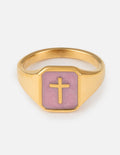 Lilac enamel cross ring with gold-tone band and raised cross detail