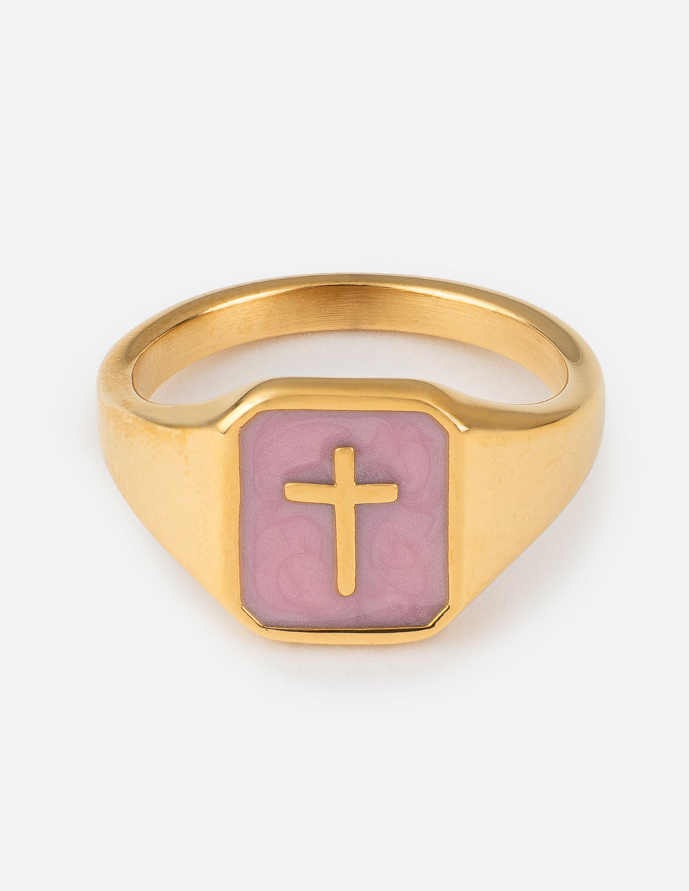 Lilac enamel cross ring with gold-tone band and raised cross detail