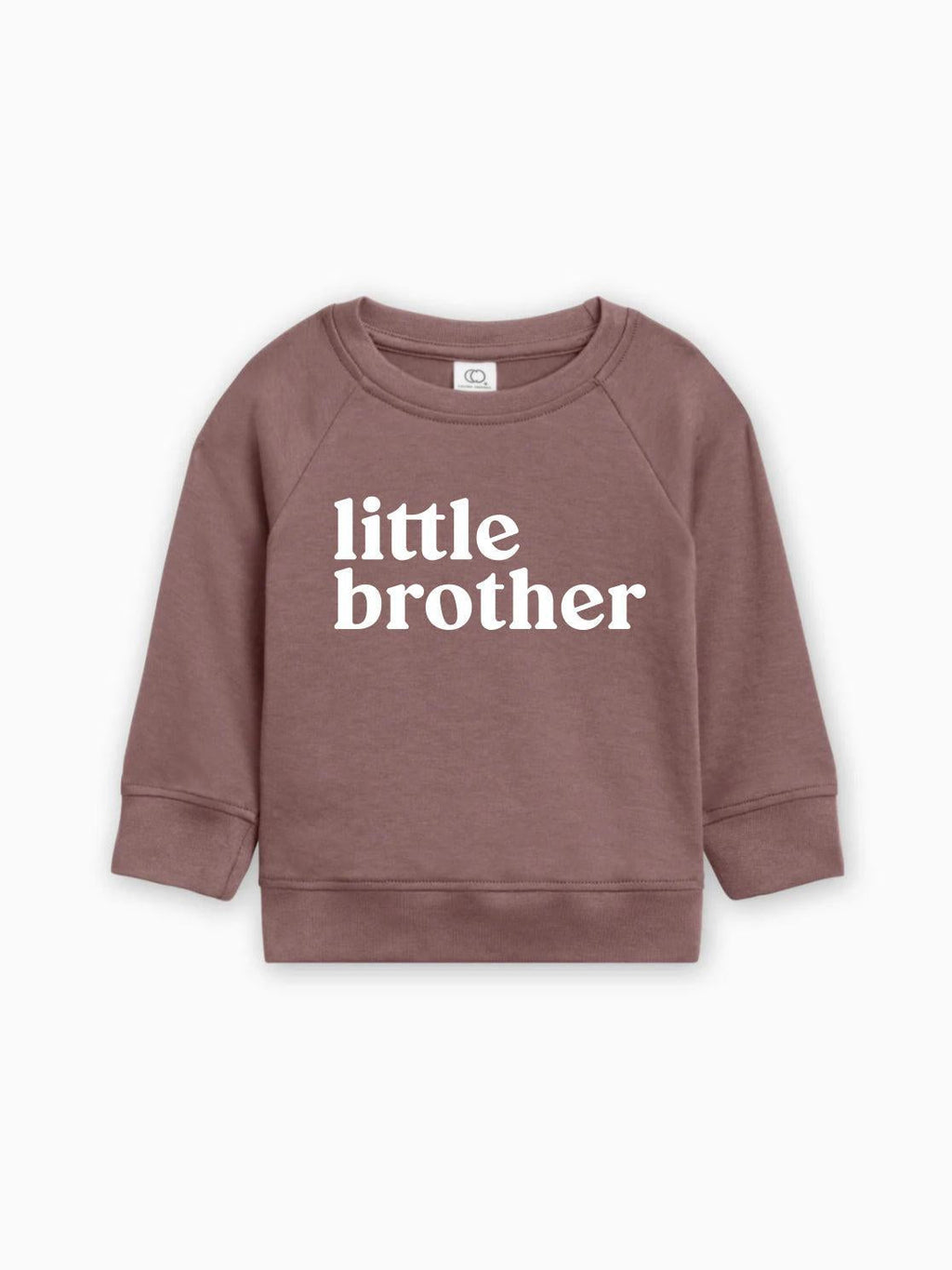 Brown baby pullover with long sleeves and 'little brother' text front