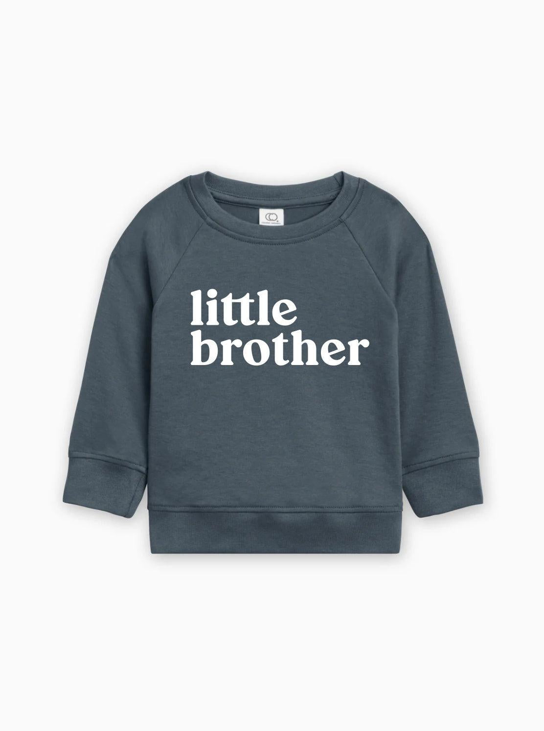 Navy/charcoal baby pullover with long sleeves and 'little brother' text front