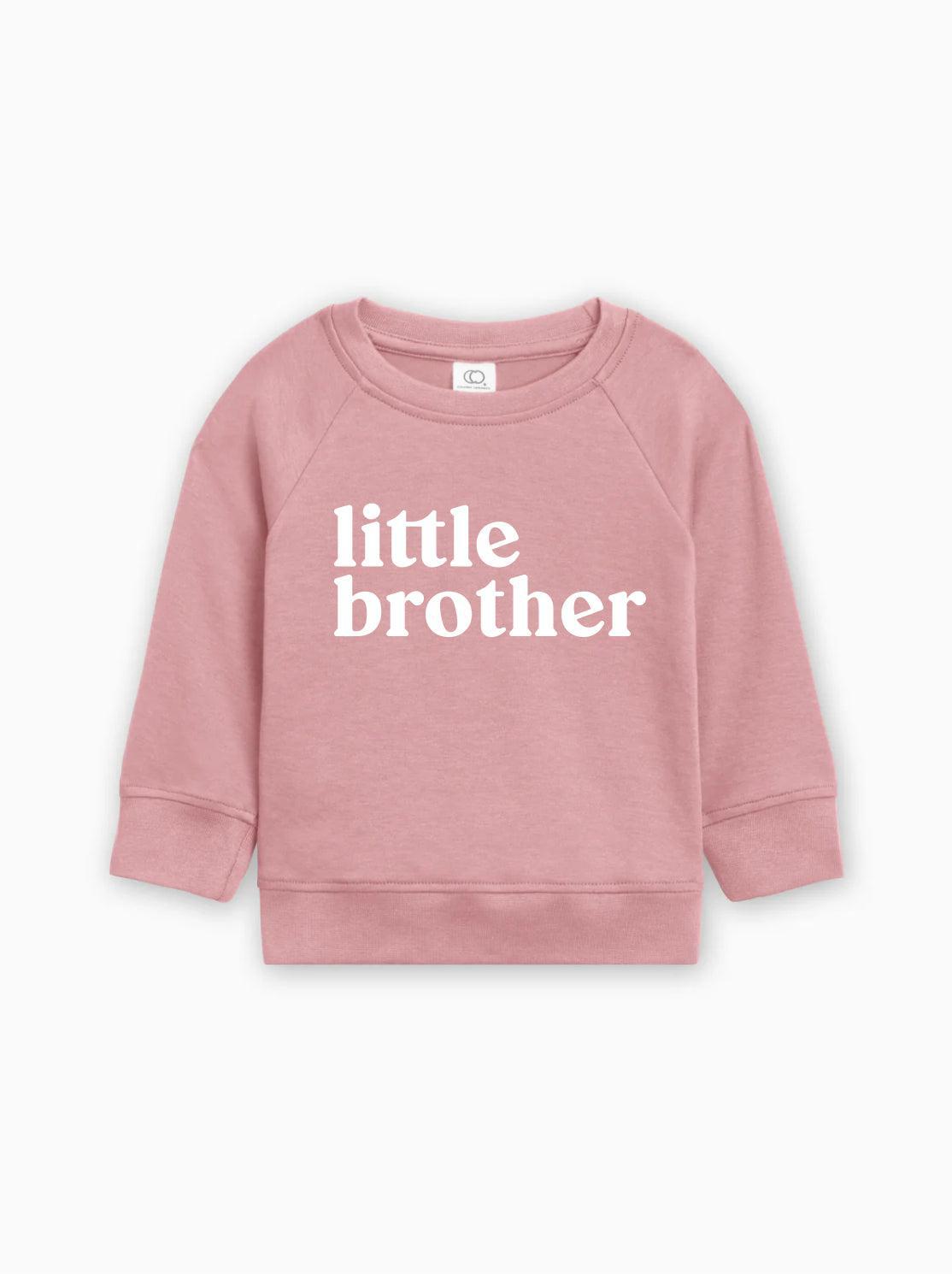 Dusty pink baby pullover with long sleeves and 'little brother' text front