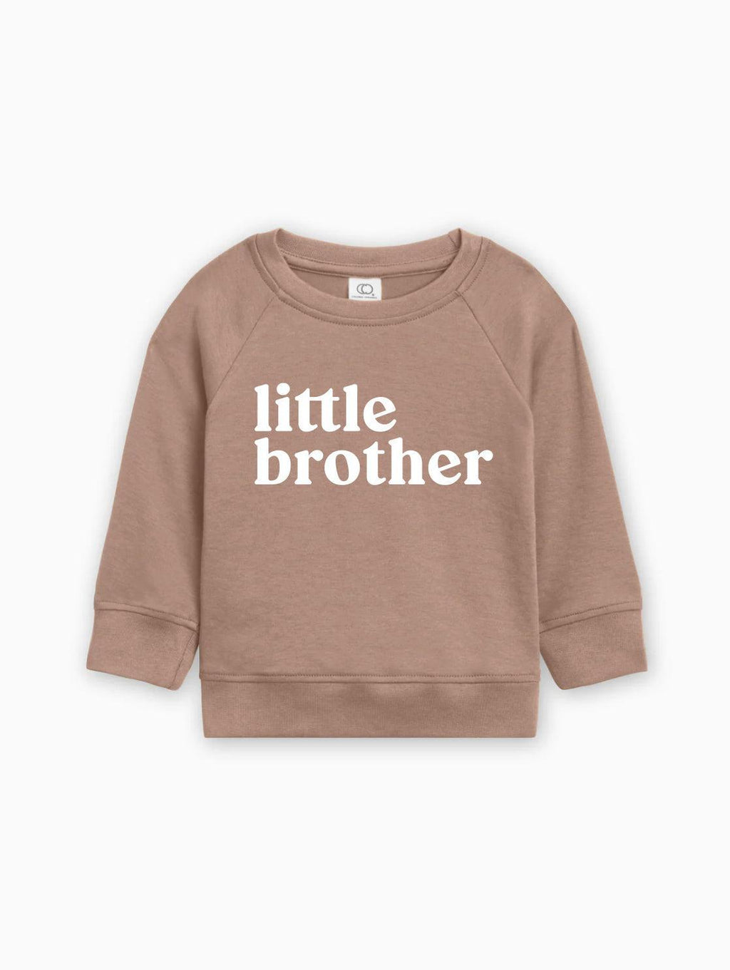Light tan baby pullover with long sleeves and 'little brother' text front