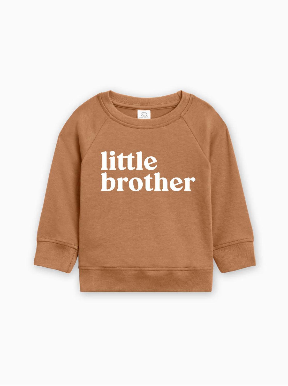 Rust brown baby pullover with long sleeves and 'little brother' text front