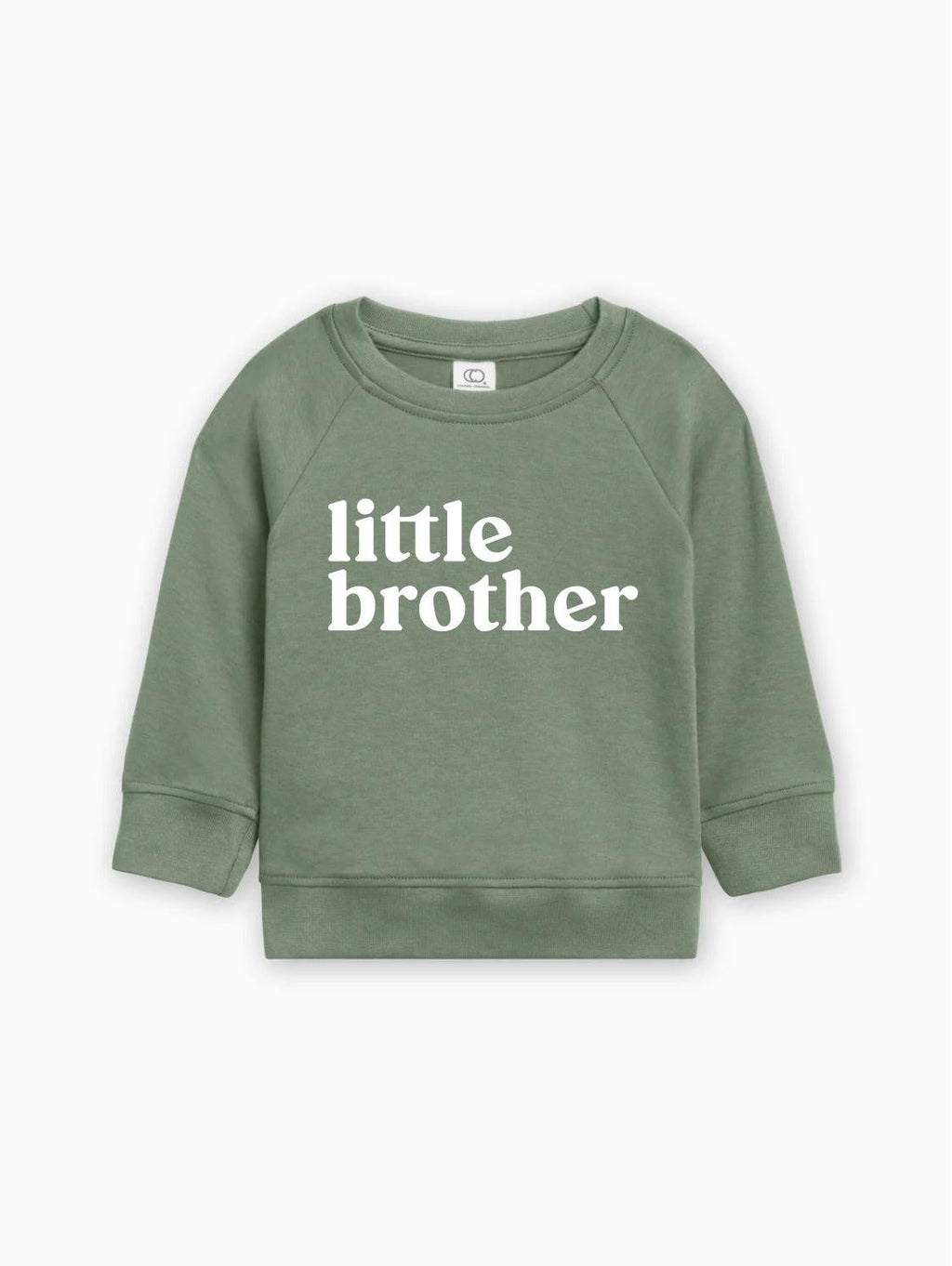 Olive green baby pullover with long sleeves and 'little brother' text front