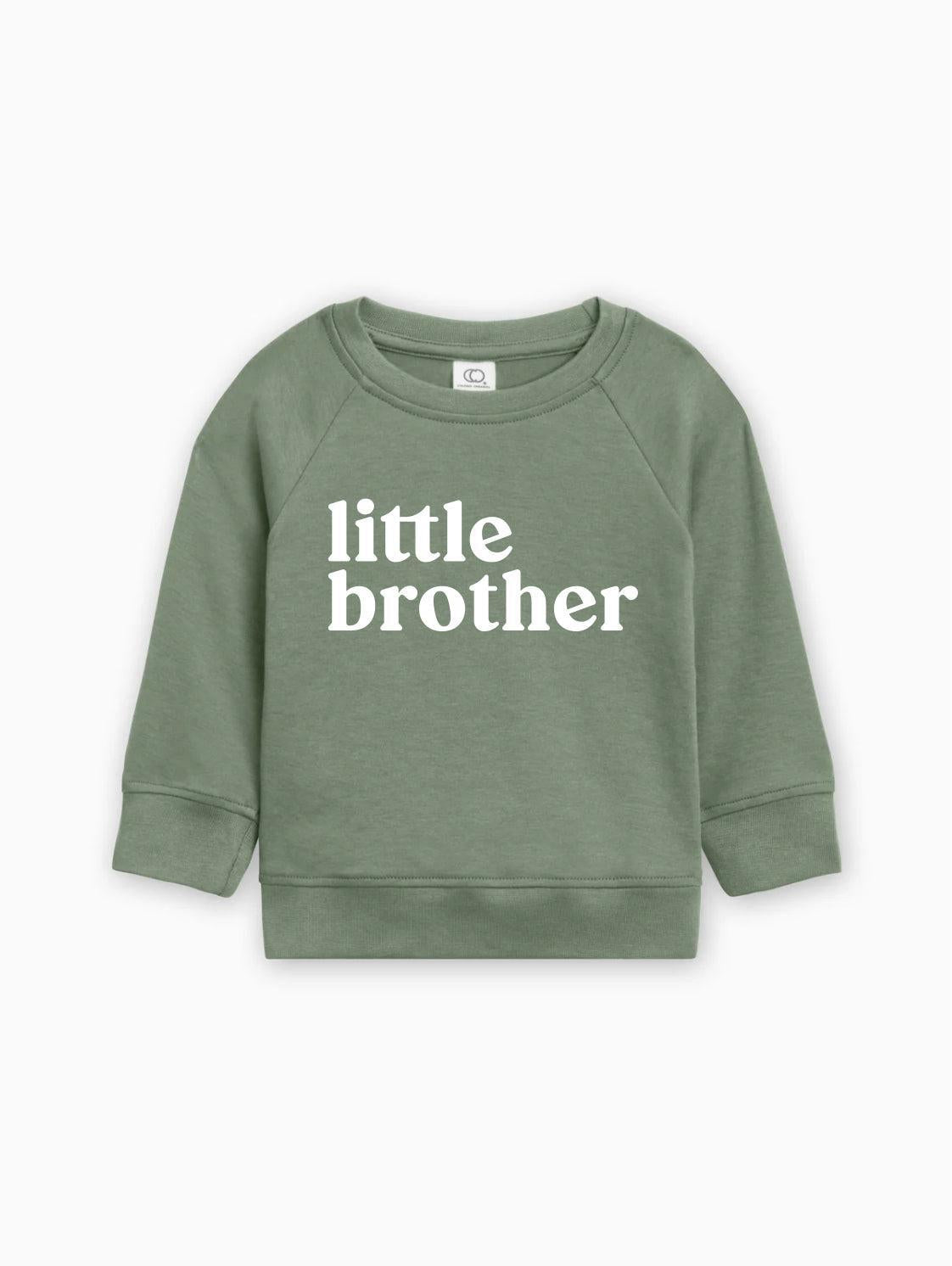 Olive green baby pullover with long sleeves and 'little brother' text front