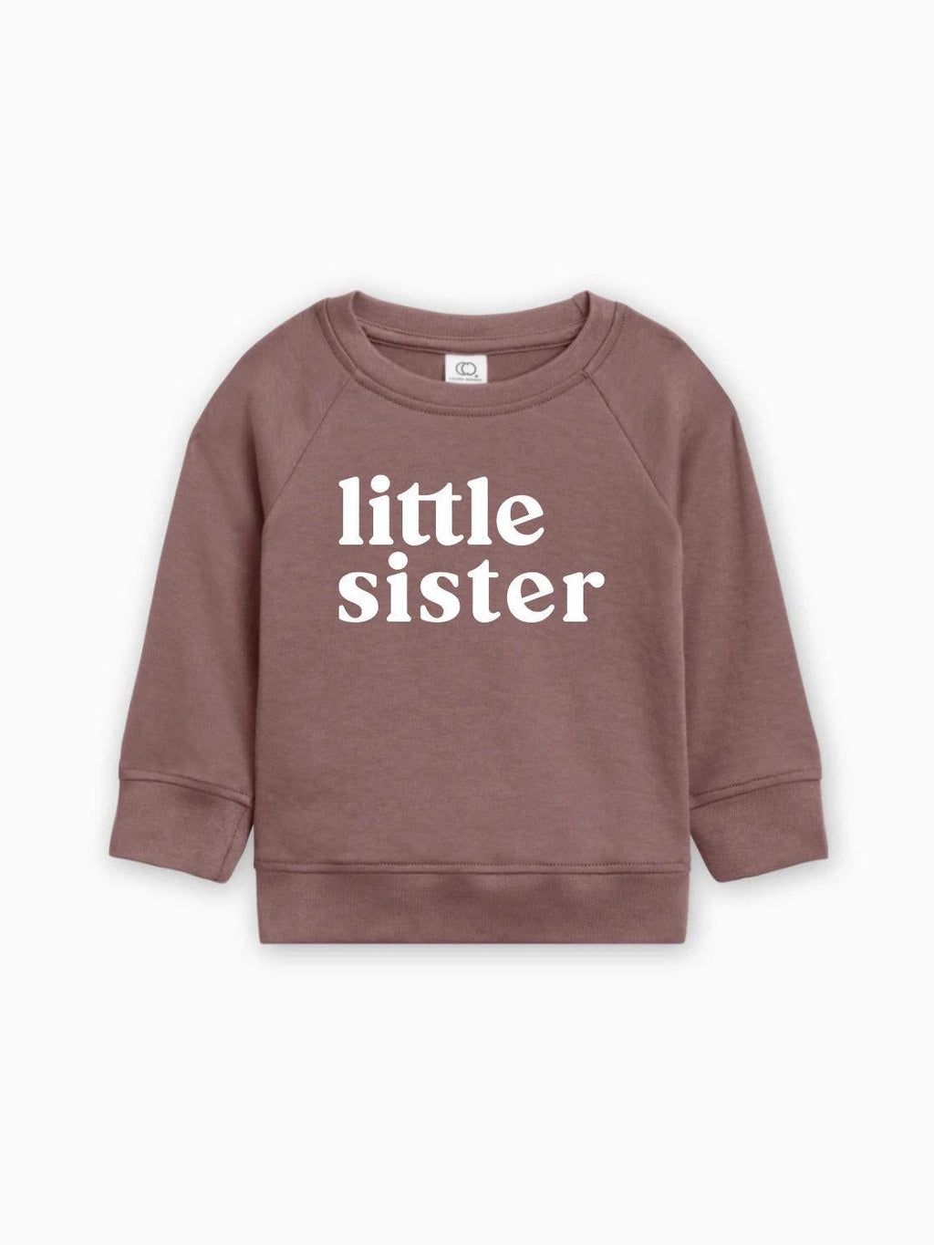 Kids organic cotton pullover, truffle brown with 'little sister' print, crew neck, long sleeves