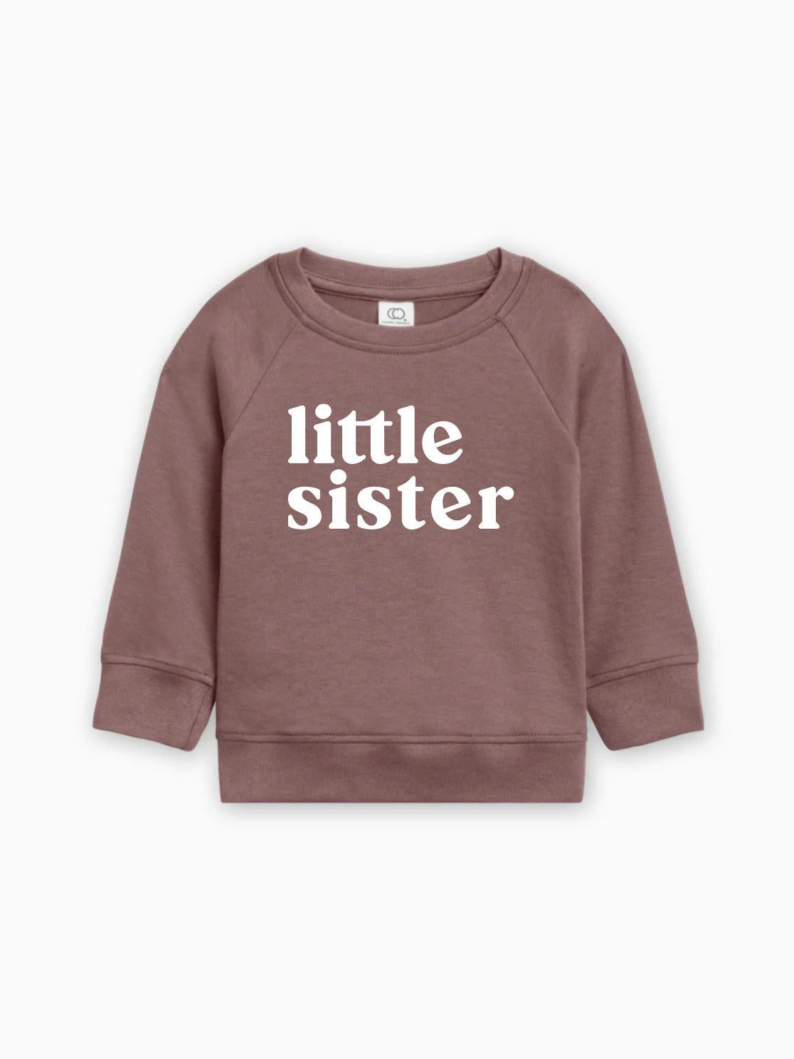 Kids organic cotton pullover, truffle brown with 'little sister' print, crew neck, long sleeves