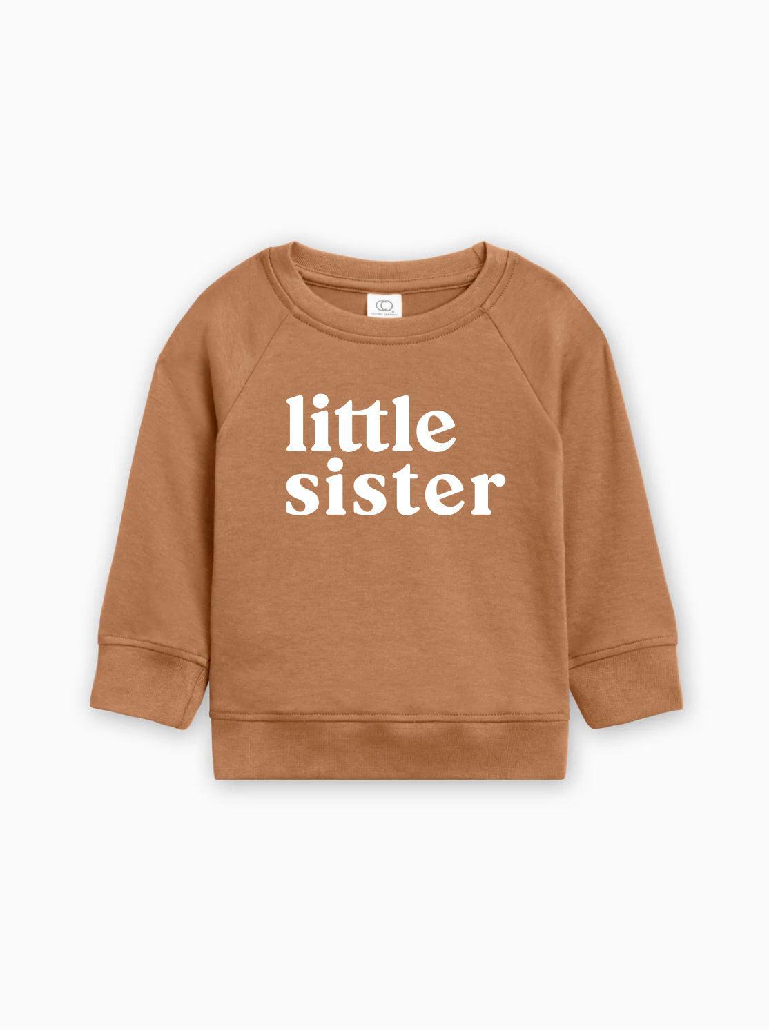 Kids organic cotton pullover, ginger brown with 'little sister' print, crew neck, long sleeves