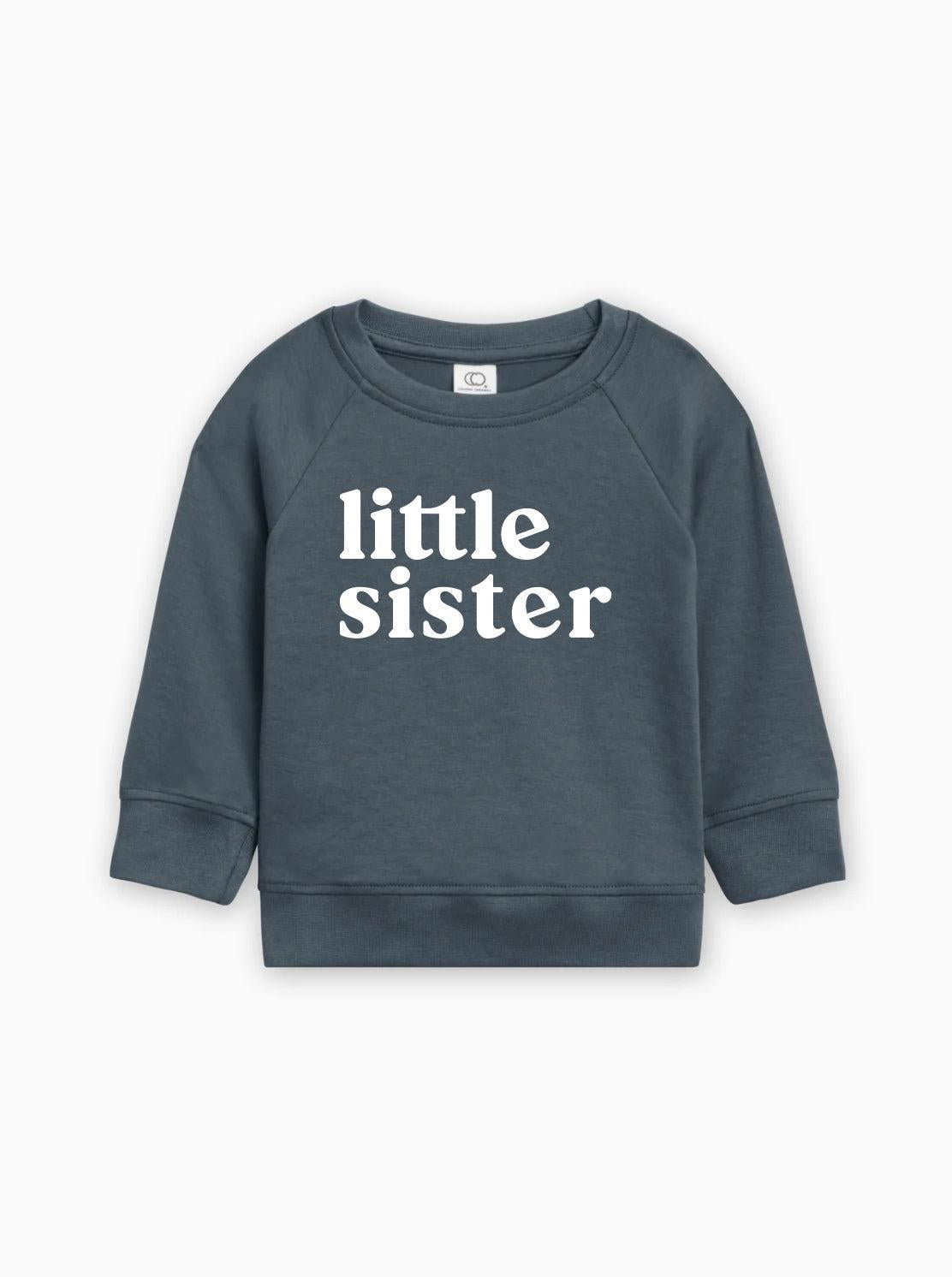 Kids organic cotton pullover, dark slate blue with 'little sister' print, crew neck, long sleeves