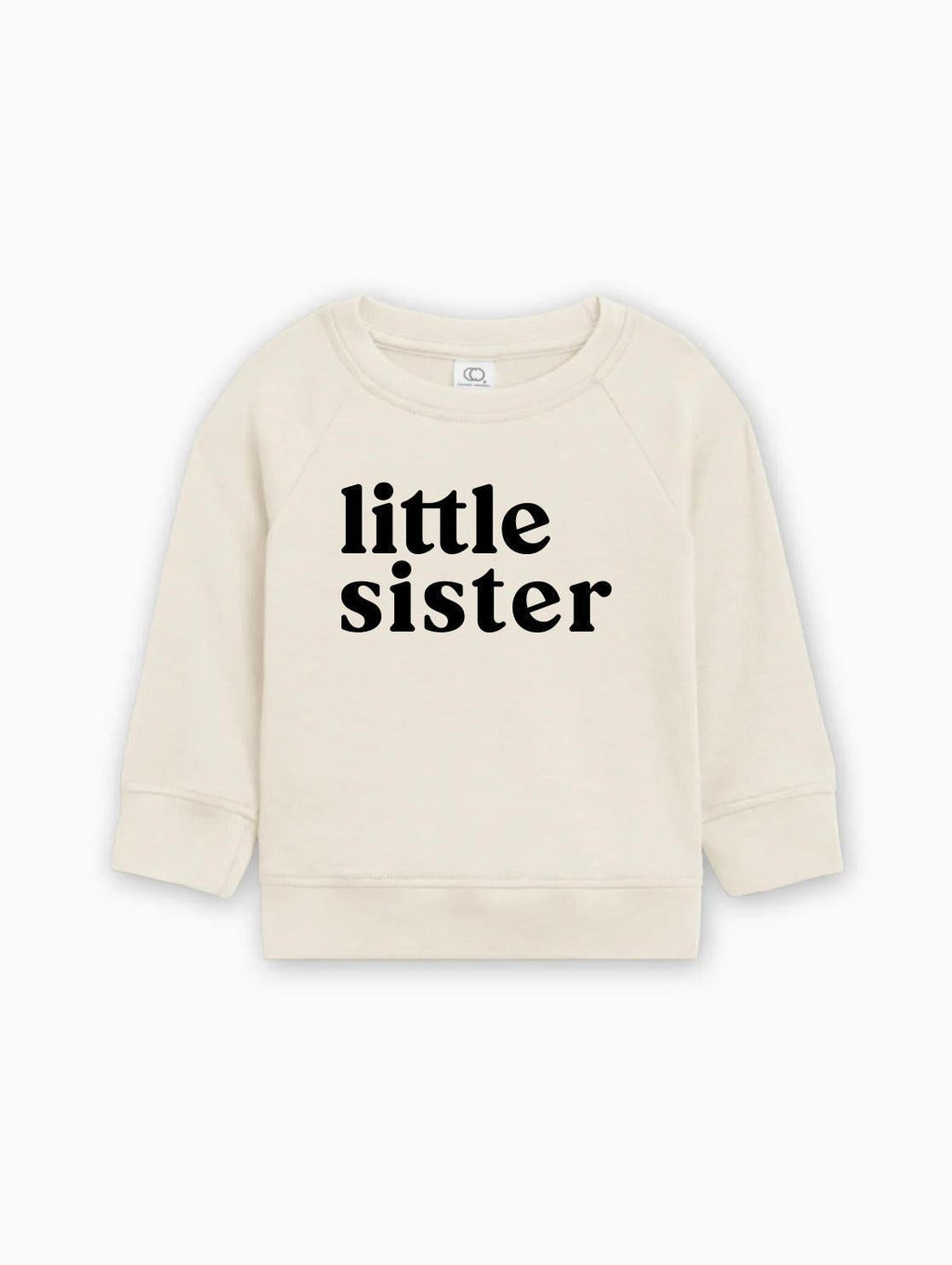 Kids organic cotton pullover, natural cream with 'little sister' print, crew neck, long sleeves