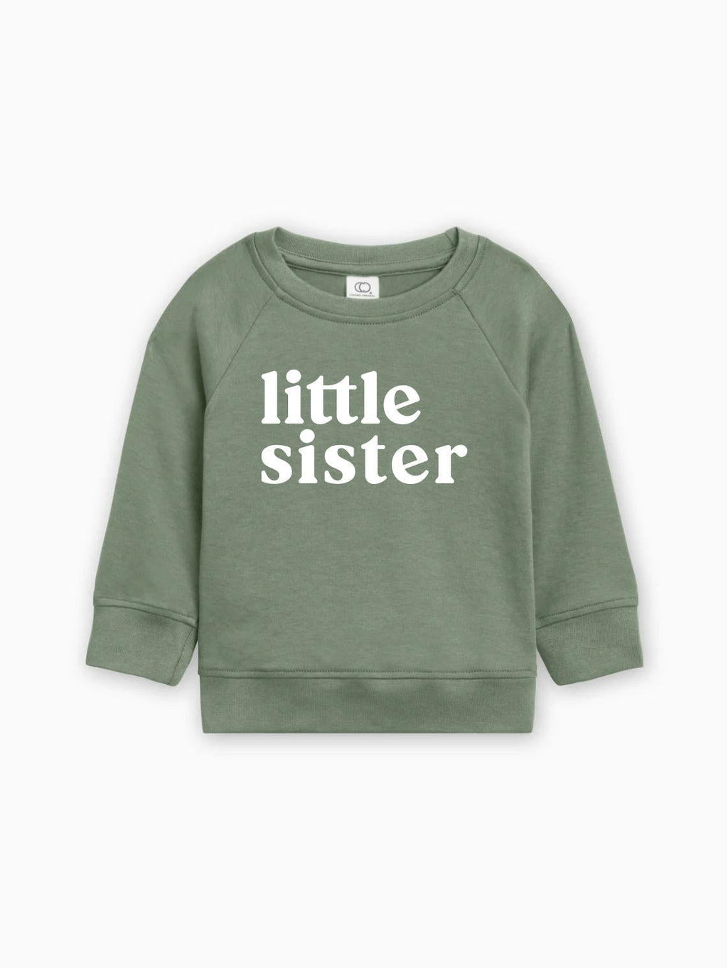 Kids organic cotton pullover, thyme green with 'little sister' print, crew neck, long sleeves