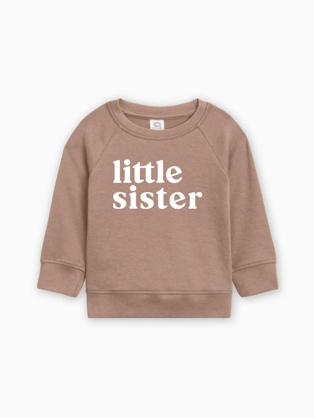 Kids organic cotton pullover, taupe with 'little sister' print, crew neck, long sleeves