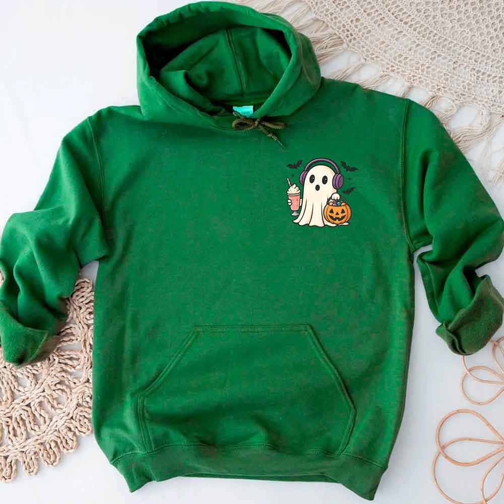 Green ghost graphic pullover hoodie with hood, drawstrings, and front kangaroo pocket
