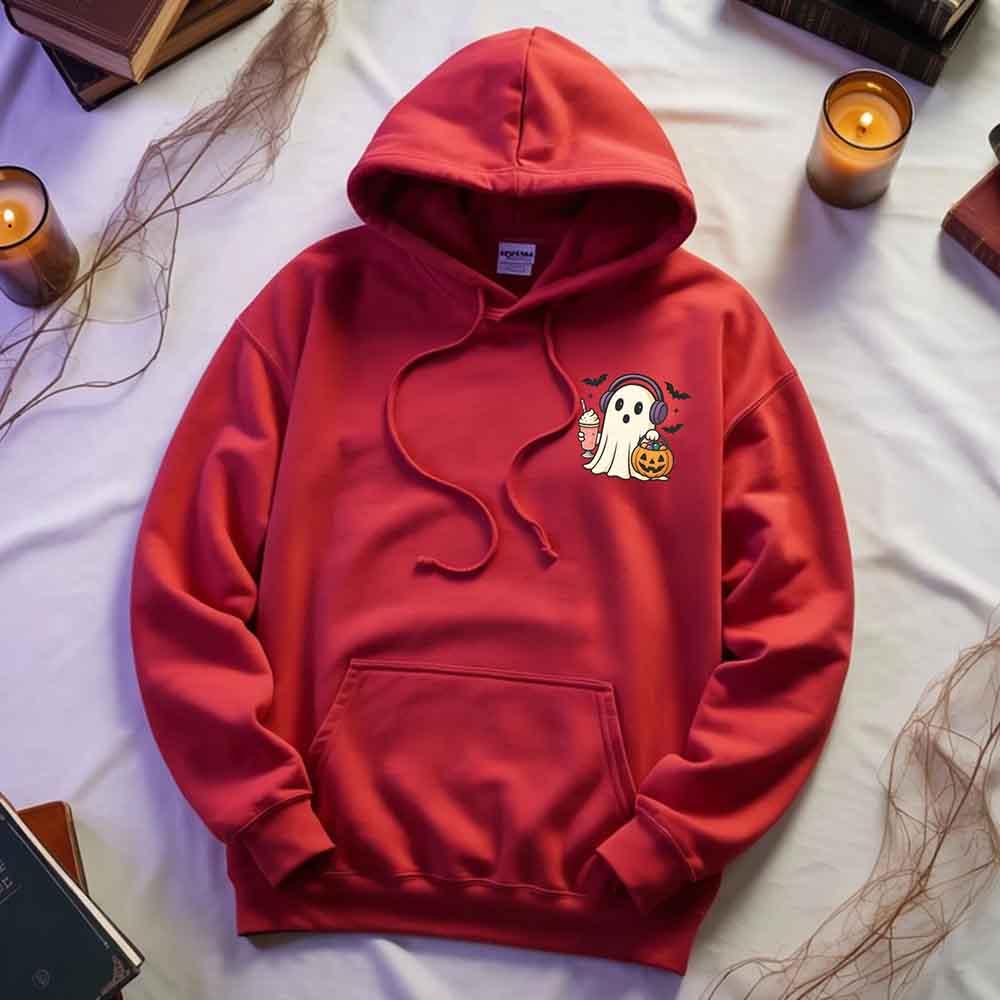 Red ghost graphic pullover hoodie with hood, drawstrings, and front kangaroo pocket