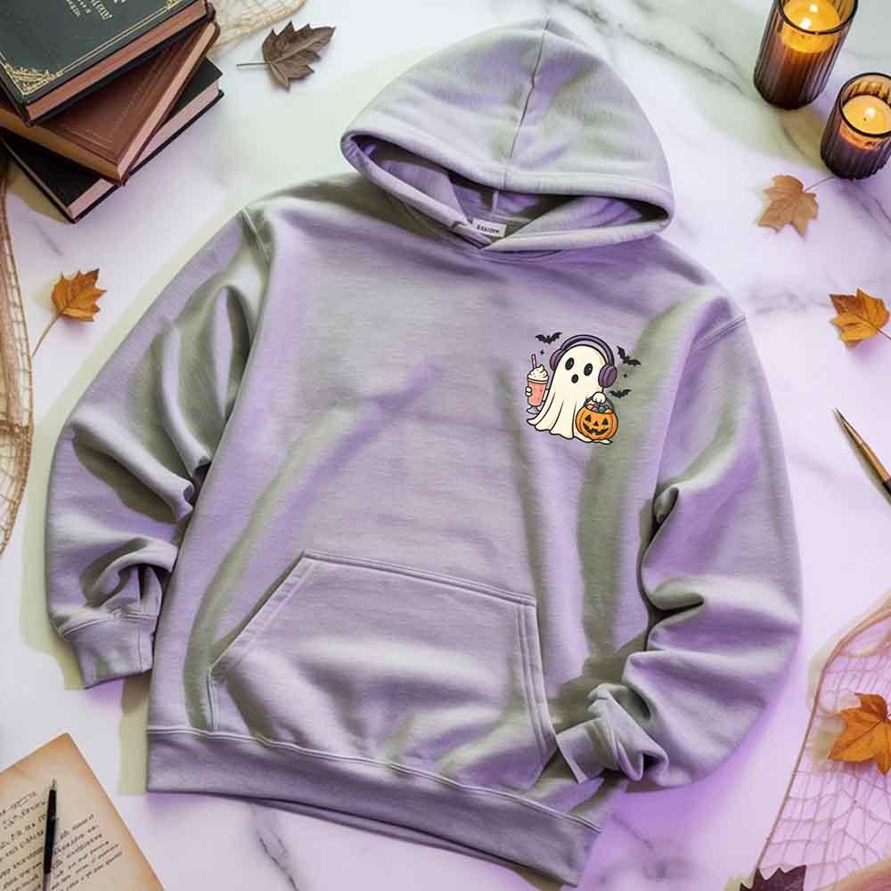 Light lavender ghost graphic pullover hoodie with hood, drawstrings, and kangaroo pocket
