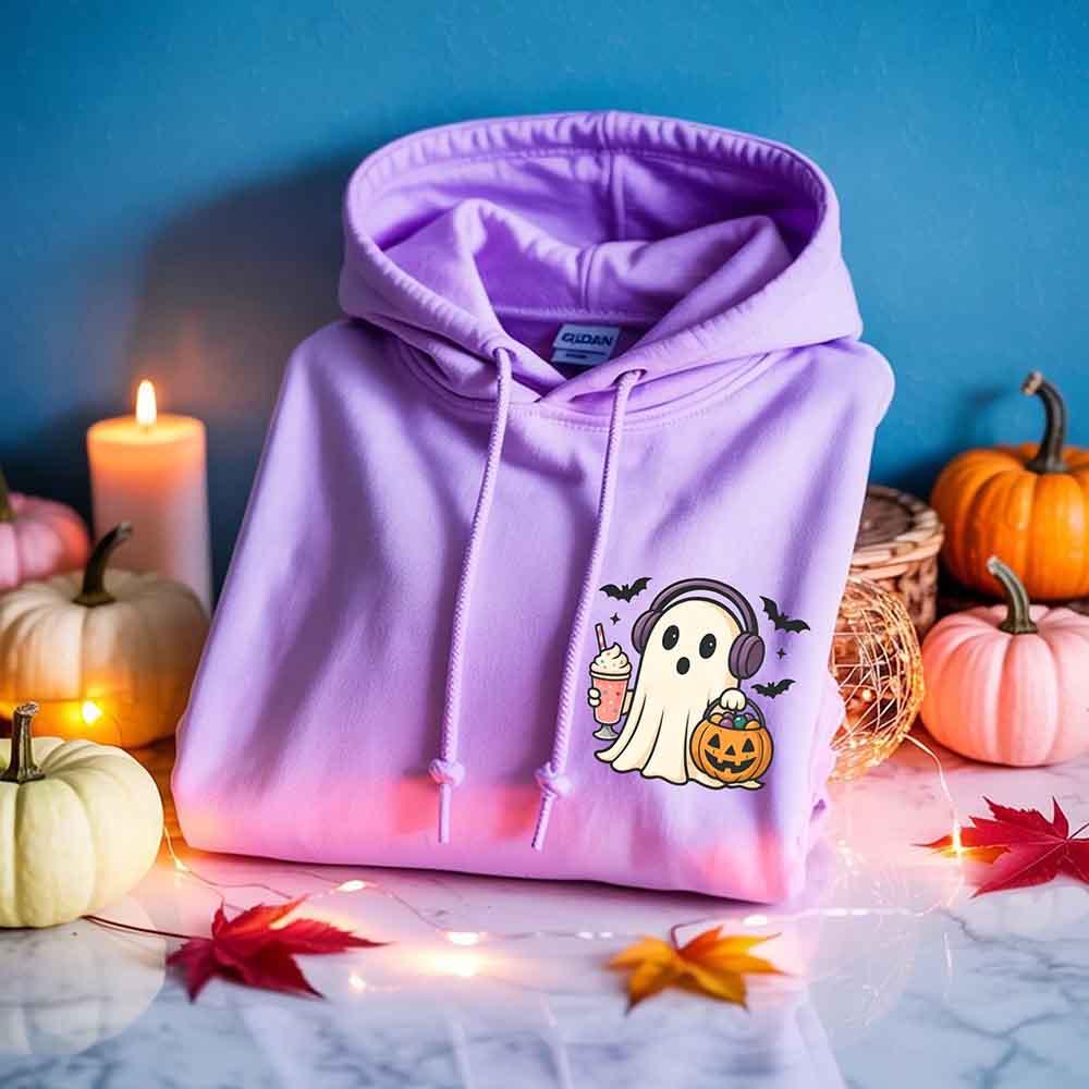 Lavender ghost graphic pullover hoodie with hood, drawstrings, and front kangaroo pocket