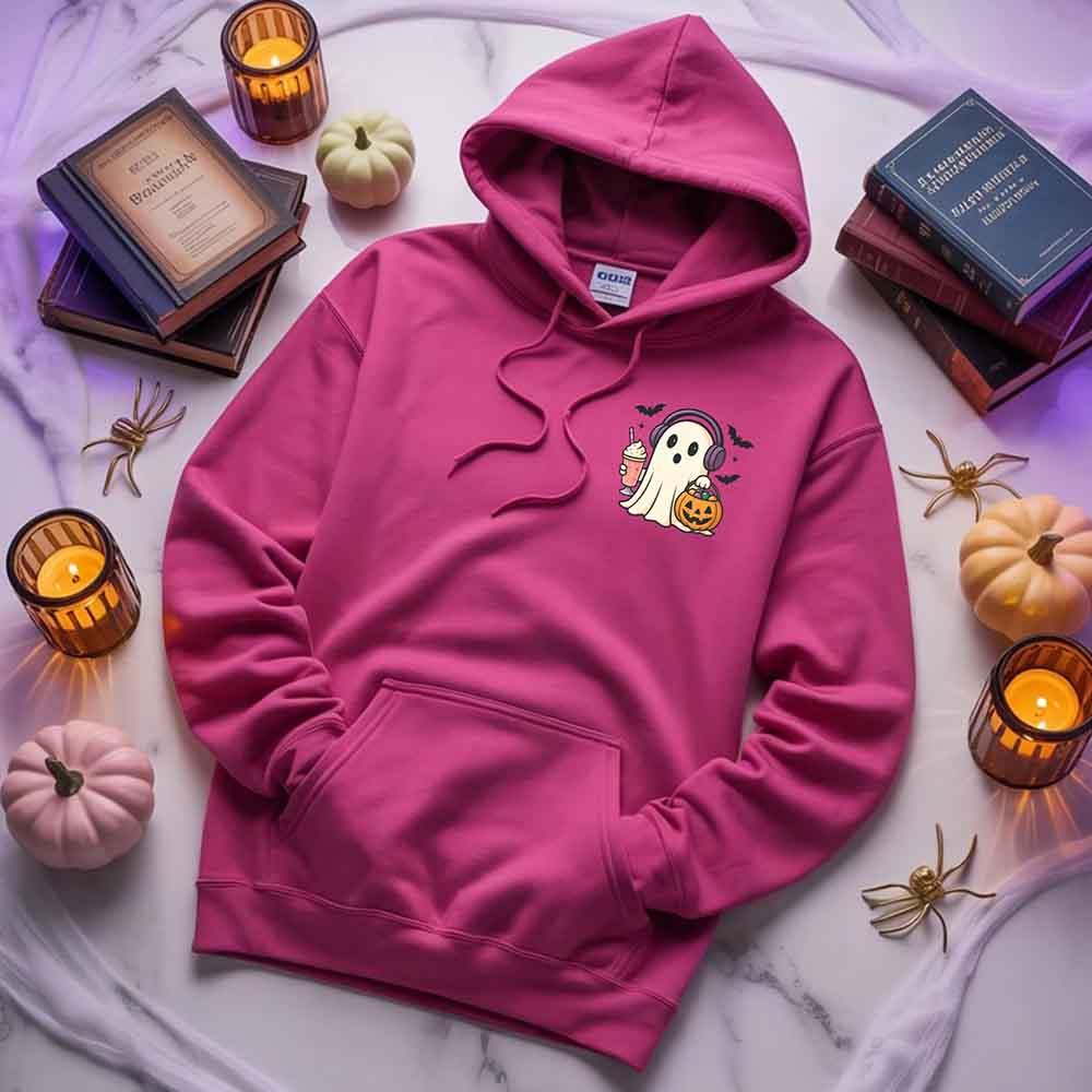 Magenta ghost graphic pullover hoodie with hood, drawstrings, and front kangaroo pocket