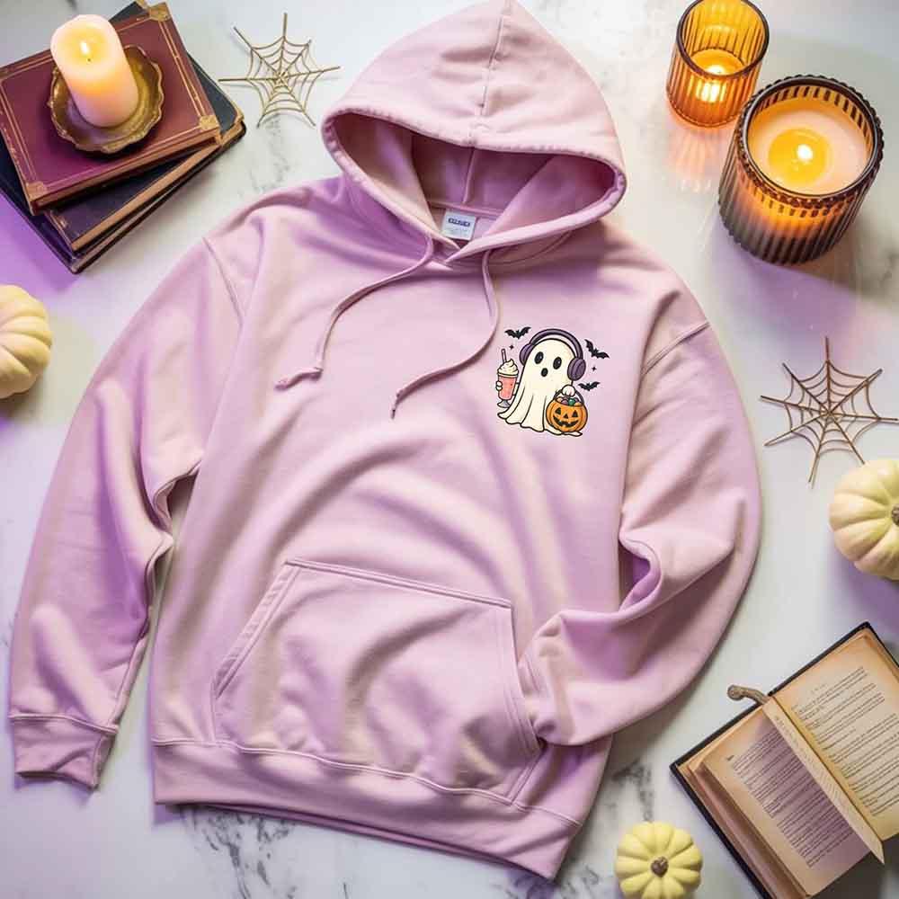 Light pink ghost graphic pullover hoodie with hood, drawstrings, and front kangaroo pocket