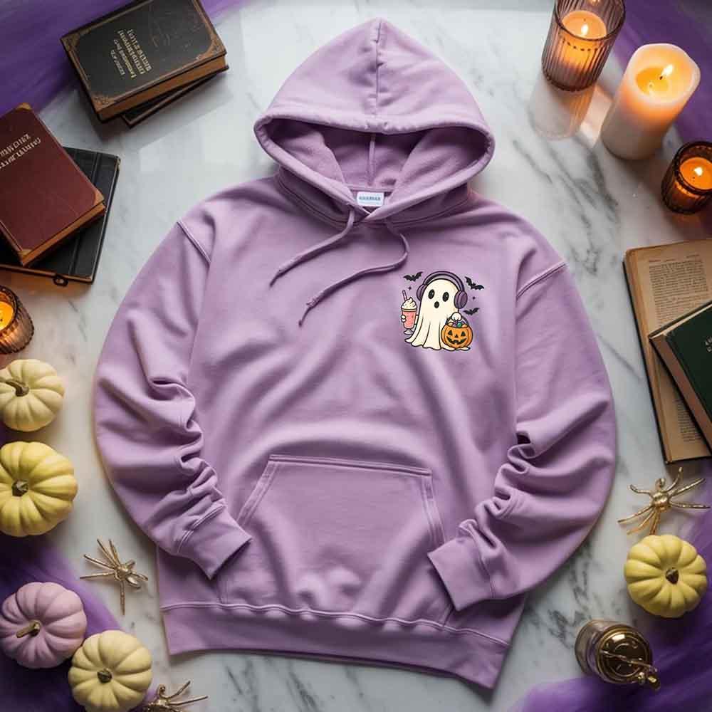 Purple ghost graphic pullover hoodie with hood, drawstrings, and front kangaroo pocket