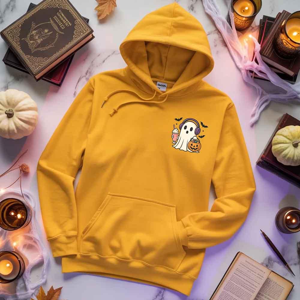 Yellow ghost graphic pullover hoodie with hood, drawstrings, and front kangaroo pocket