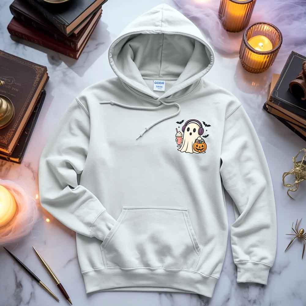 White ghost graphic pullover hoodie with hood, drawstrings, and front kangaroo pocket