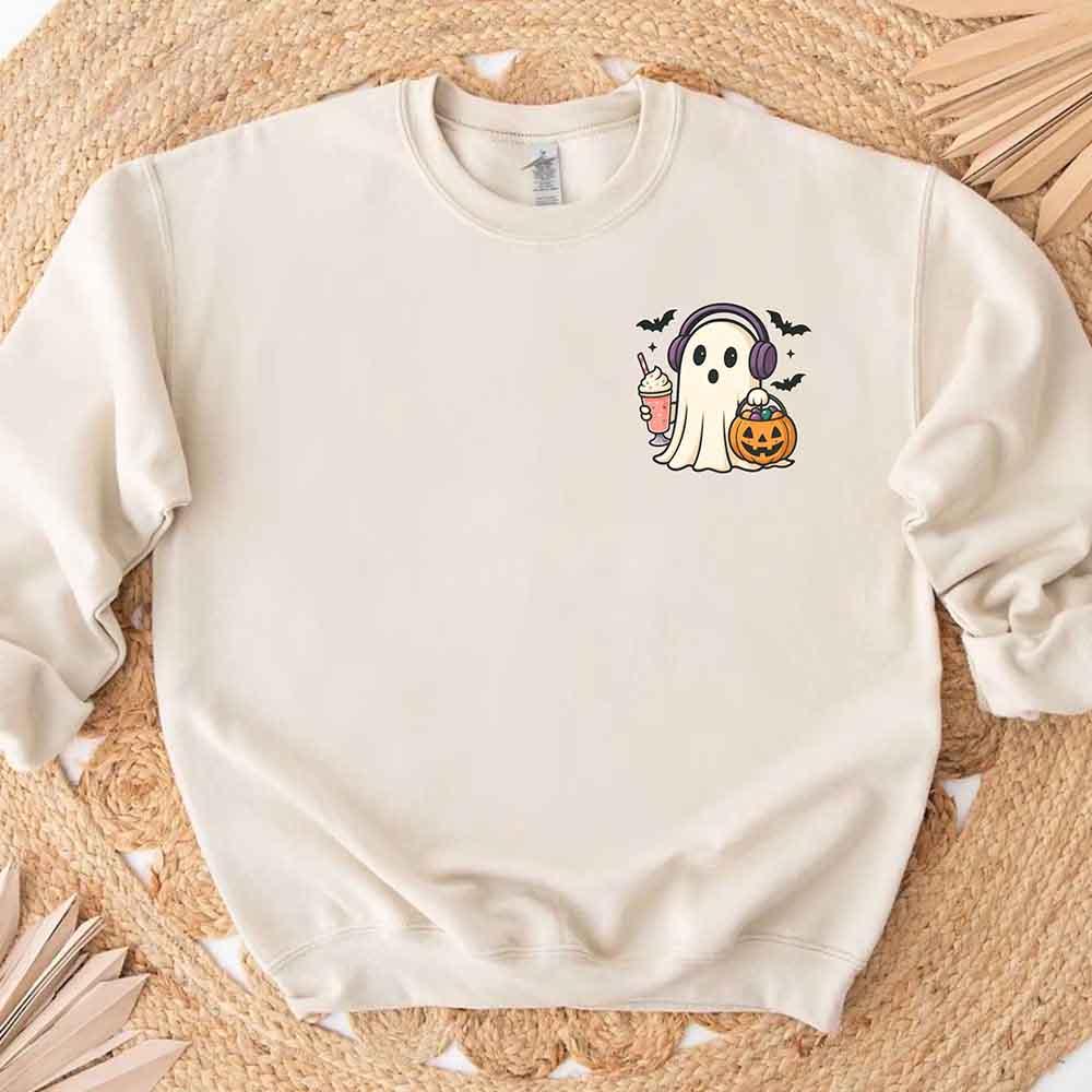 Cream ghost and jack-o’-lantern graphic sweatshirt, crew neck pullover
